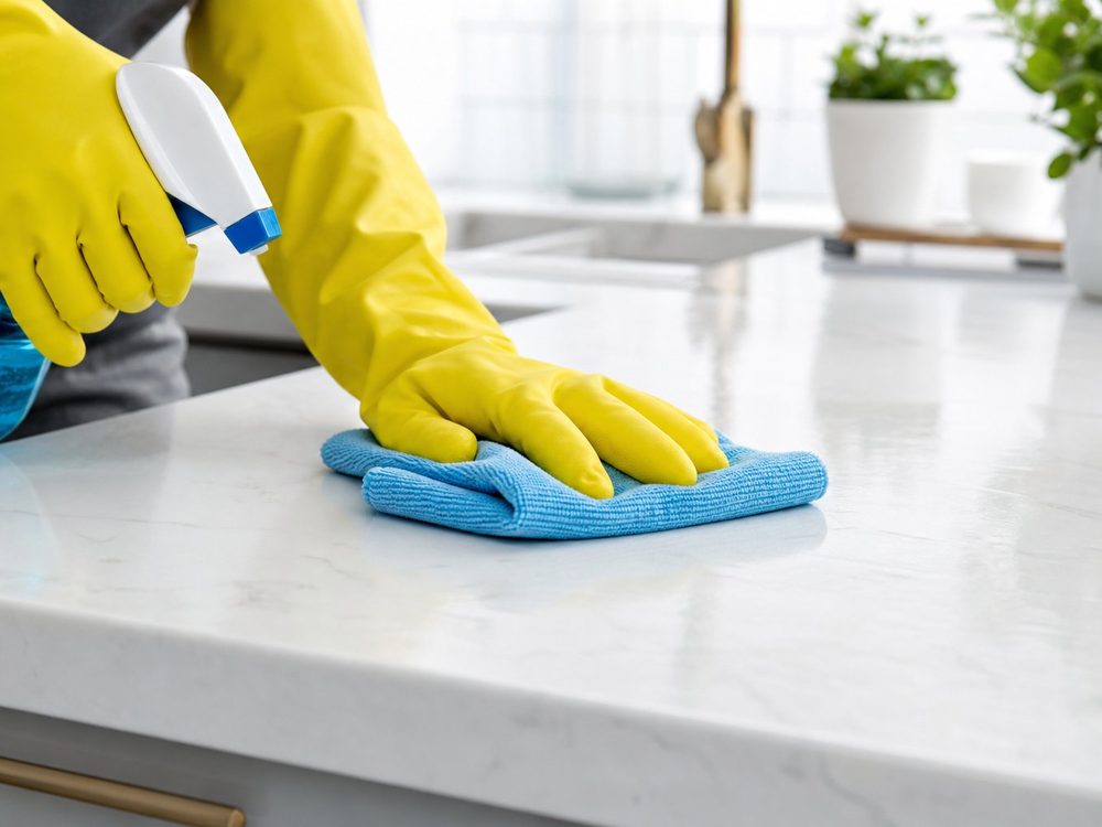 Professional gloved hands cleaning a bright kitchen countertop
